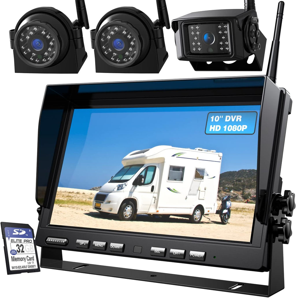 1080P Wireless Backup Camera System with 10 Inch DVR 4 Split Monitor Z344