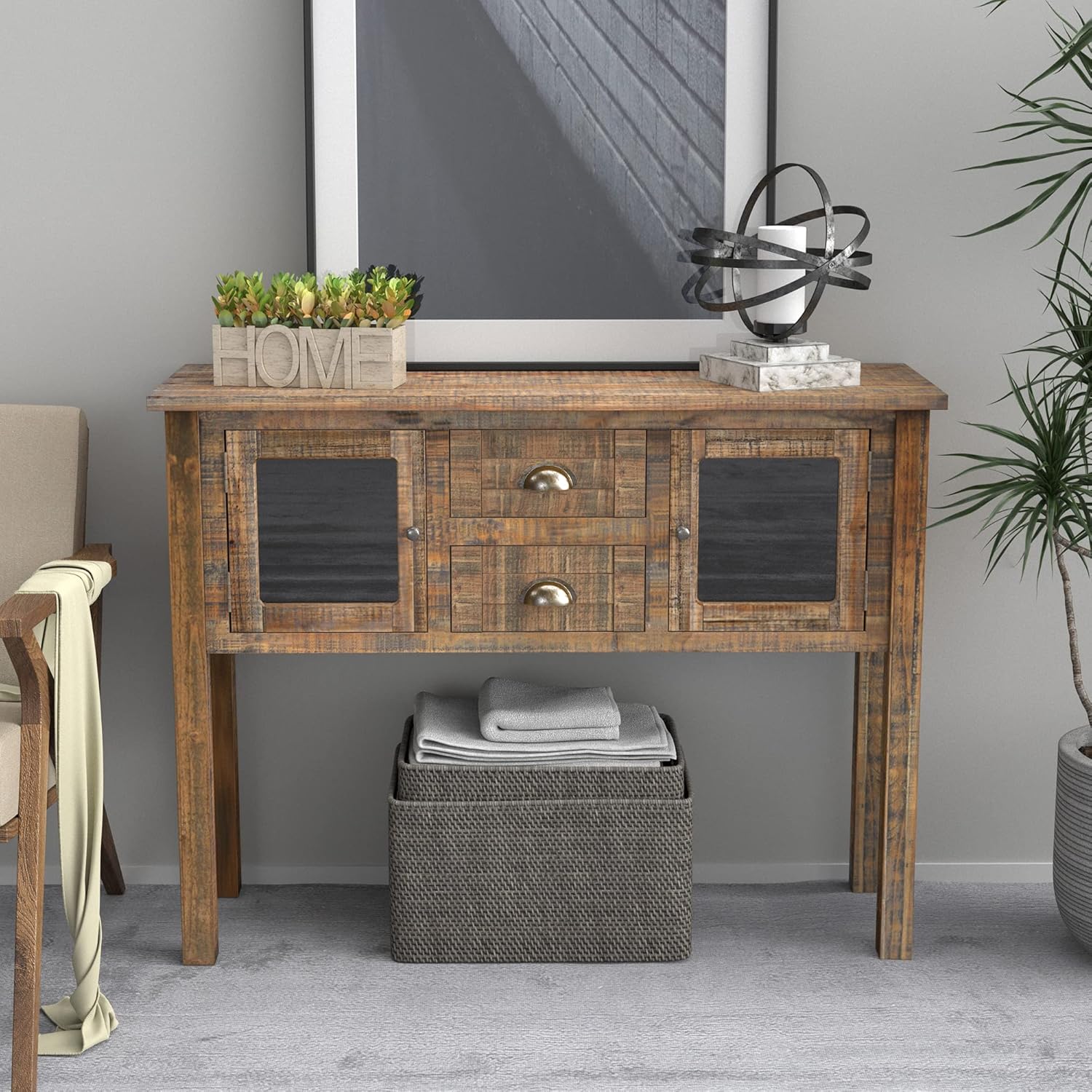 Industrial Farmhouse Console Table with Deep Drawers and Glass Panel Cabinet Q9271