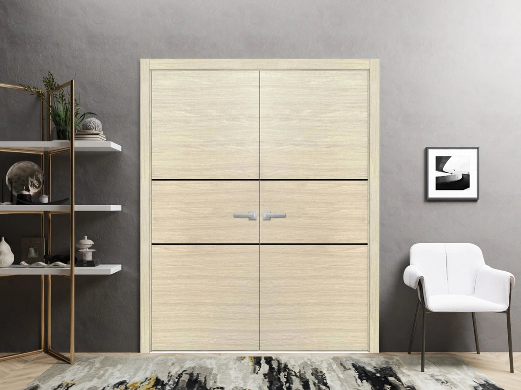 Solid French Double Doors 48 x 96 inches Natural Veneer with Frosted Glass Wood Solid Panel Frame Trims D193414