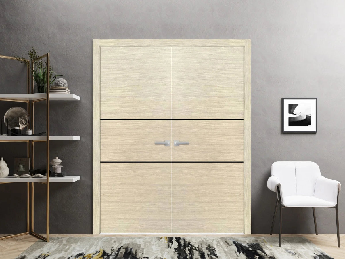 Solid French Double Doors 48 x 96 inches Natural Veneer with Frosted Glass Wood Solid Panel Frame Trims D193414