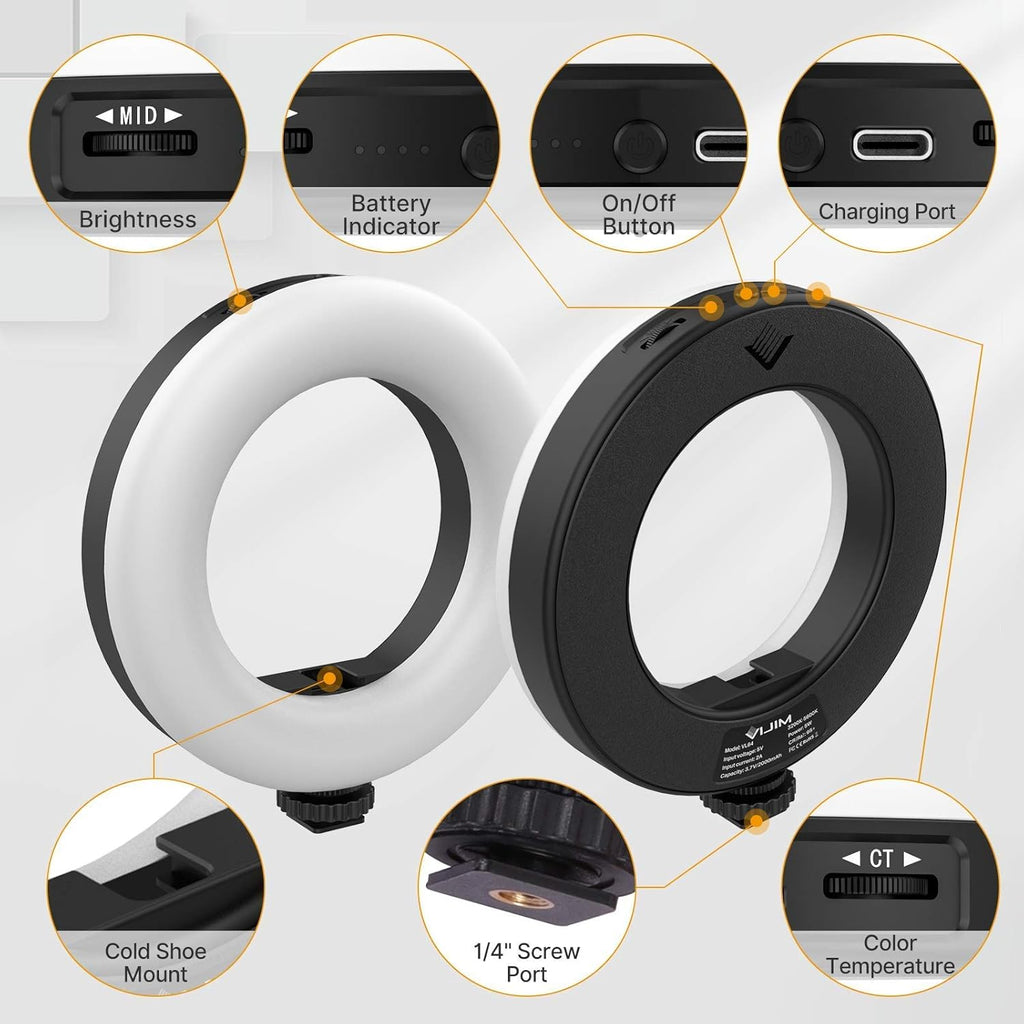 LED Video Light, 6.4 On Camera Ring Light Bi-Color Dimmable 3200-5600K, Built-in 2000mAh Battery CRI 95+ Fill DSLR Light with Mini Tripod U10466