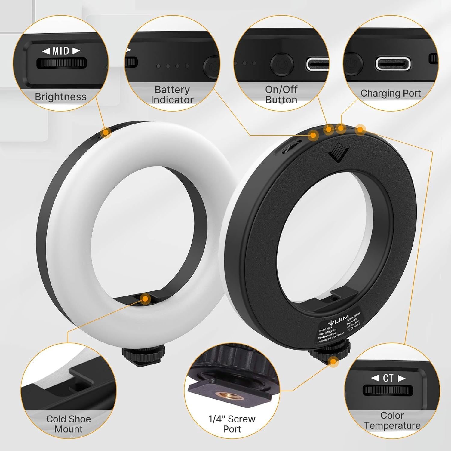 LED Video Light, 6.4 On Camera Ring Light Bi-Color Dimmable 3200-5600K, Built-in 2000mAh Battery CRI 95+ Fill DSLR Light with Mini Tripod U10466