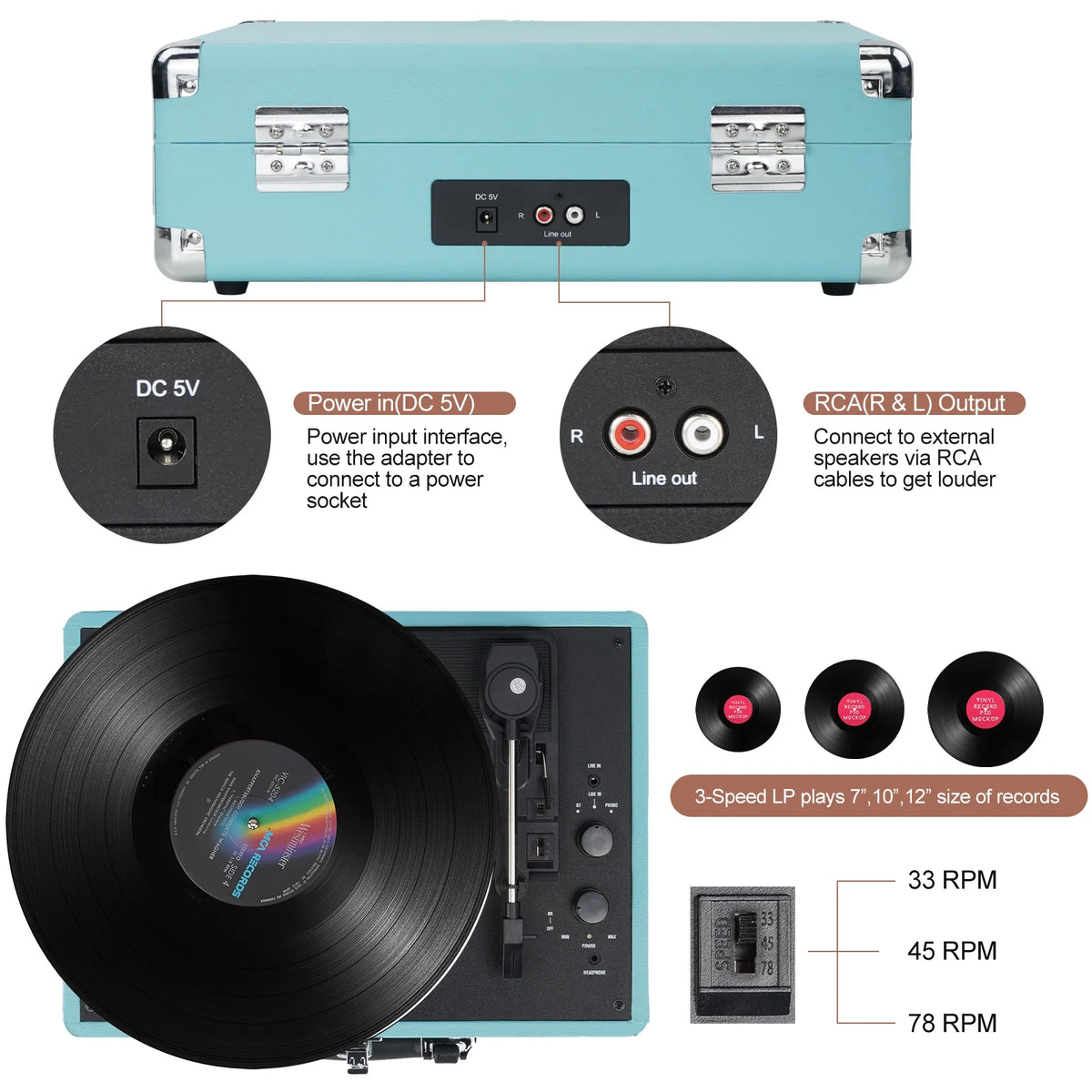 Bluetooth Record Player Turntable with Built-in Stereo Speakers, Suitcase Design - Blue Q4655