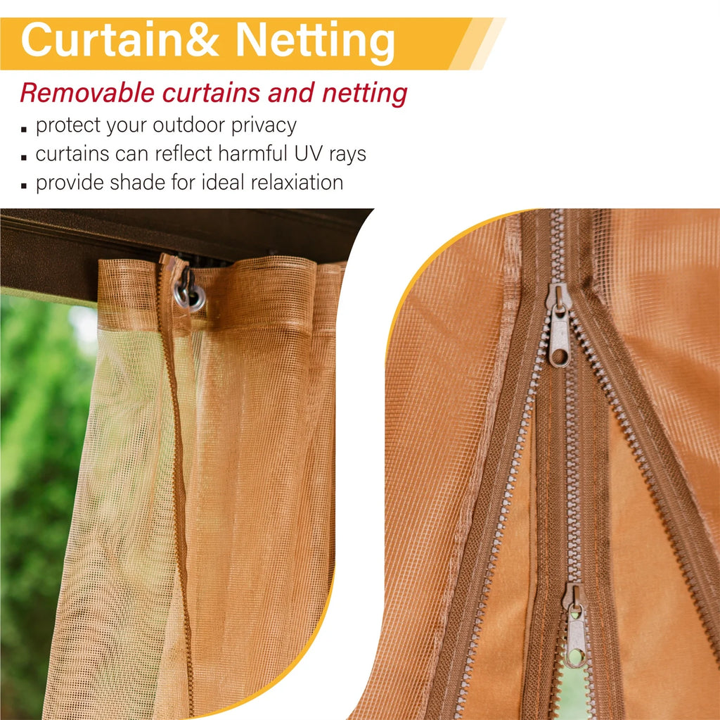 10' x 12' Hardtop Galvanized Steel Outdoor Gazebo with Netting and Curtains I83931