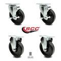 Phenolic Swivel Top Plate Caster Set of 4 with Roller Bearings, 5 inch Wheels, 2 Swivel with Top Locking Brakes and 2 Rigid M90237
