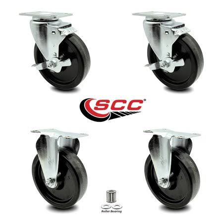 Phenolic Swivel Top Plate Caster Set of 4 with Roller Bearings, 5 inch Wheels, 2 Swivel with Top Locking Brakes and 2 Rigid M90237