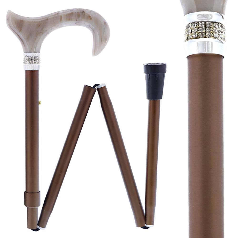 Champagne Pearlz Adjustable Folding Cane with Rhinestone Collar E3765