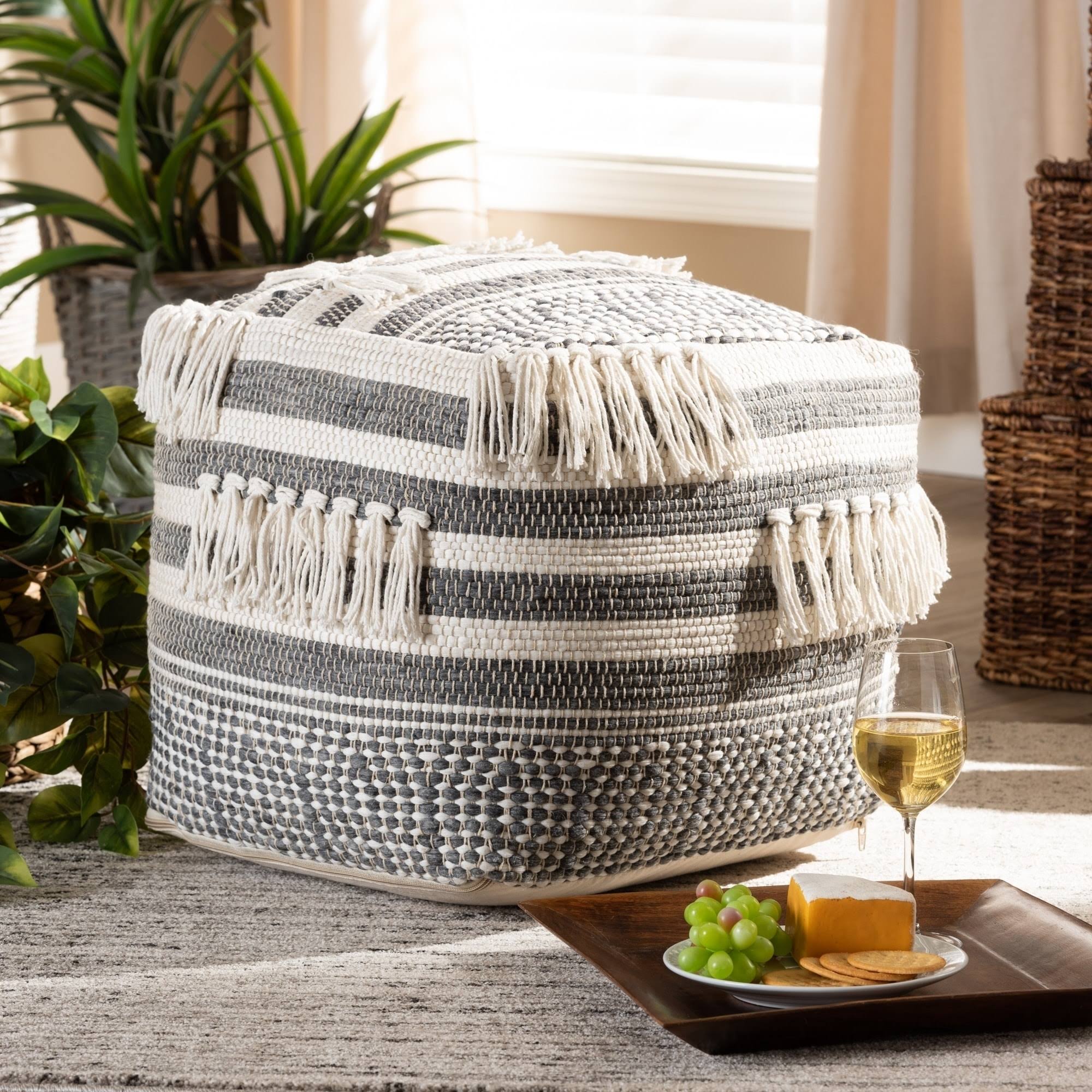 Grey and Ivory Handwoven Pouf Ottoman A379361