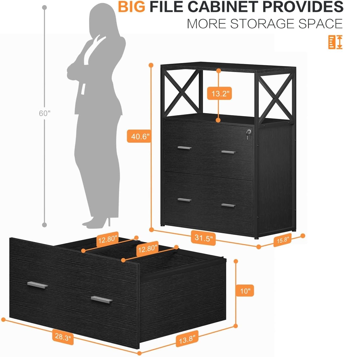 2 Drawer Lateral Filing Cabinet with Lock Black D9128