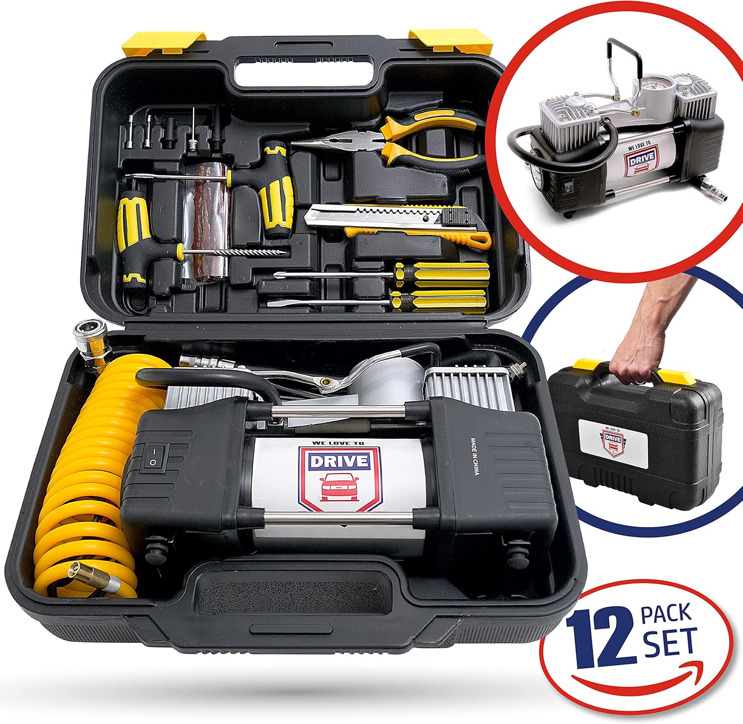 12V DC Portable Air Compressor Tire Inflator with 150 PSI Gauge & Carry Case M9039
