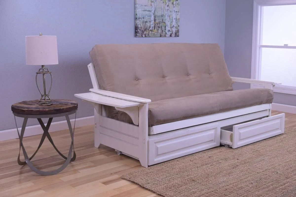 Antique White Full Futon with Suede Mattress and Storage Drawers D8406
