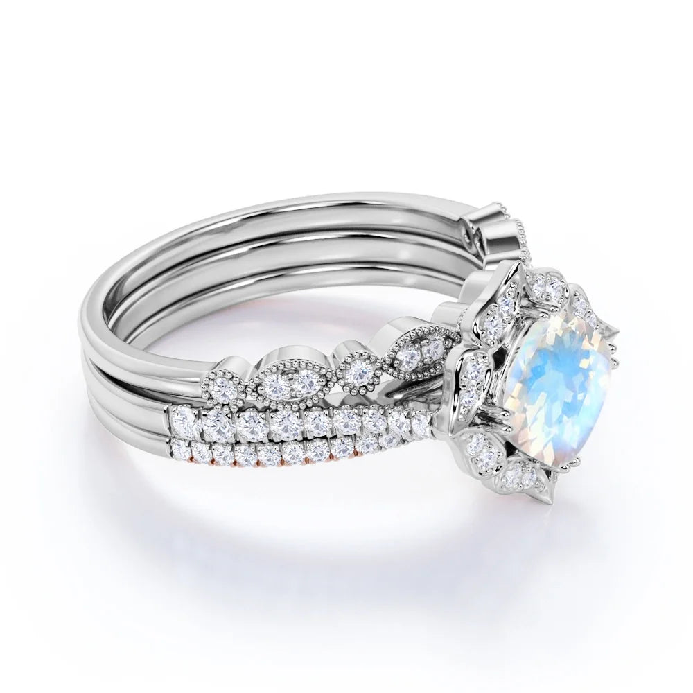 1.5 carat Cushion Blue Moonstone and Moissanite Wedding Ring Set in 18k White Gold over Silver E7808