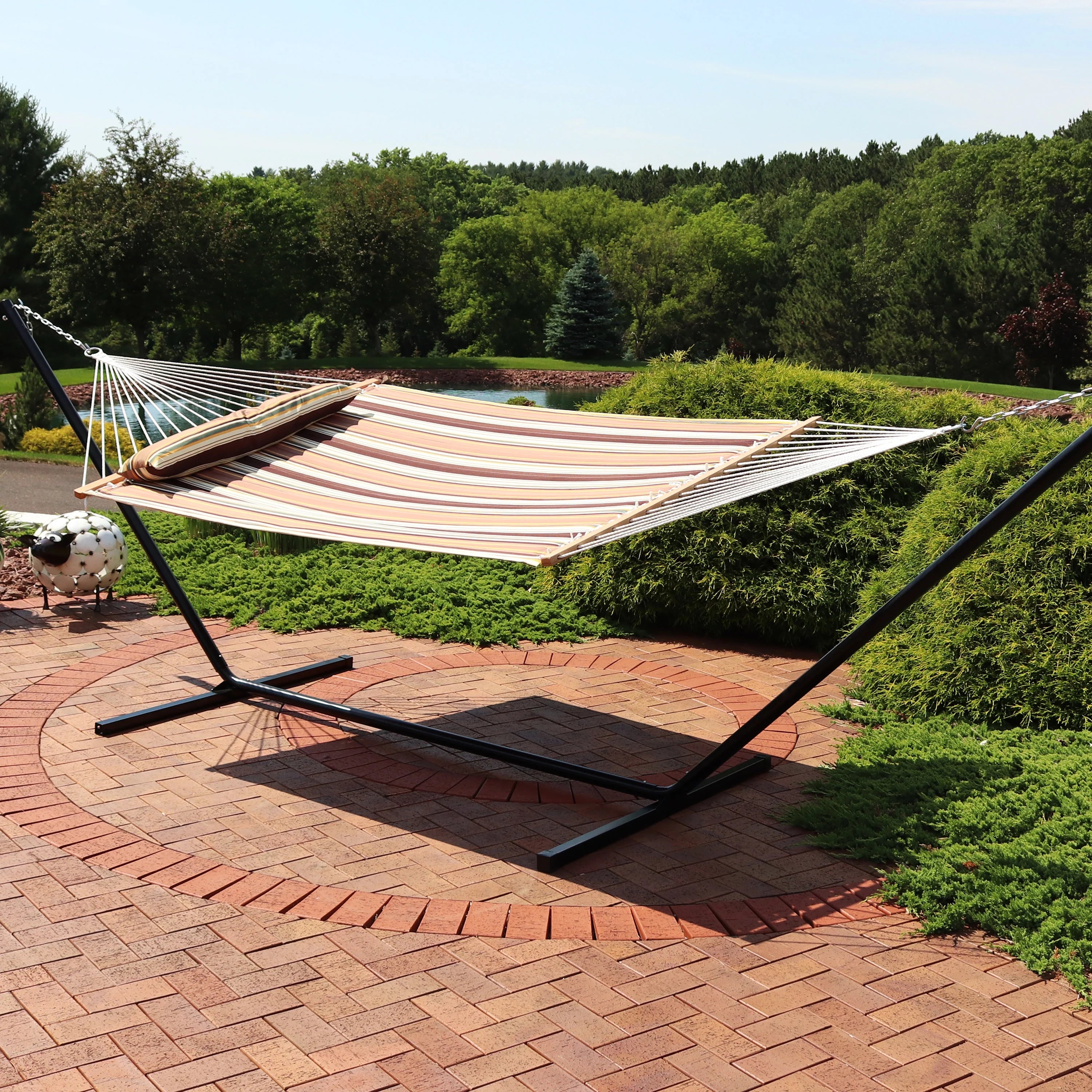 2-Person Freestanding Quilted Fabric Hammock with Stand E396