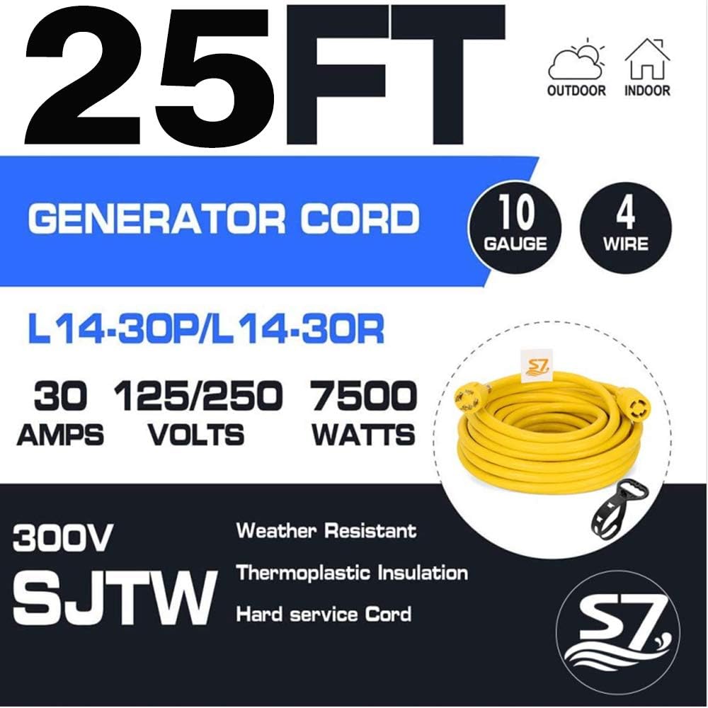 50ft Heavy Duty Generator Locking Power Cord NEMA L14-30P/L14-30R, 4 Jaw 10 Gauge SJTW Cable, 125/250V 30Amp 7500 Watt Yellow L7152