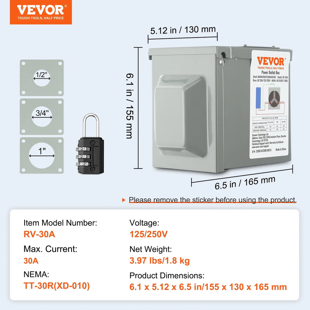 30Amp RV Power Outlet Box, 25/250V Enclosed Lockable Weatherproof Electrical Outdoor Receptacle Panel R54143