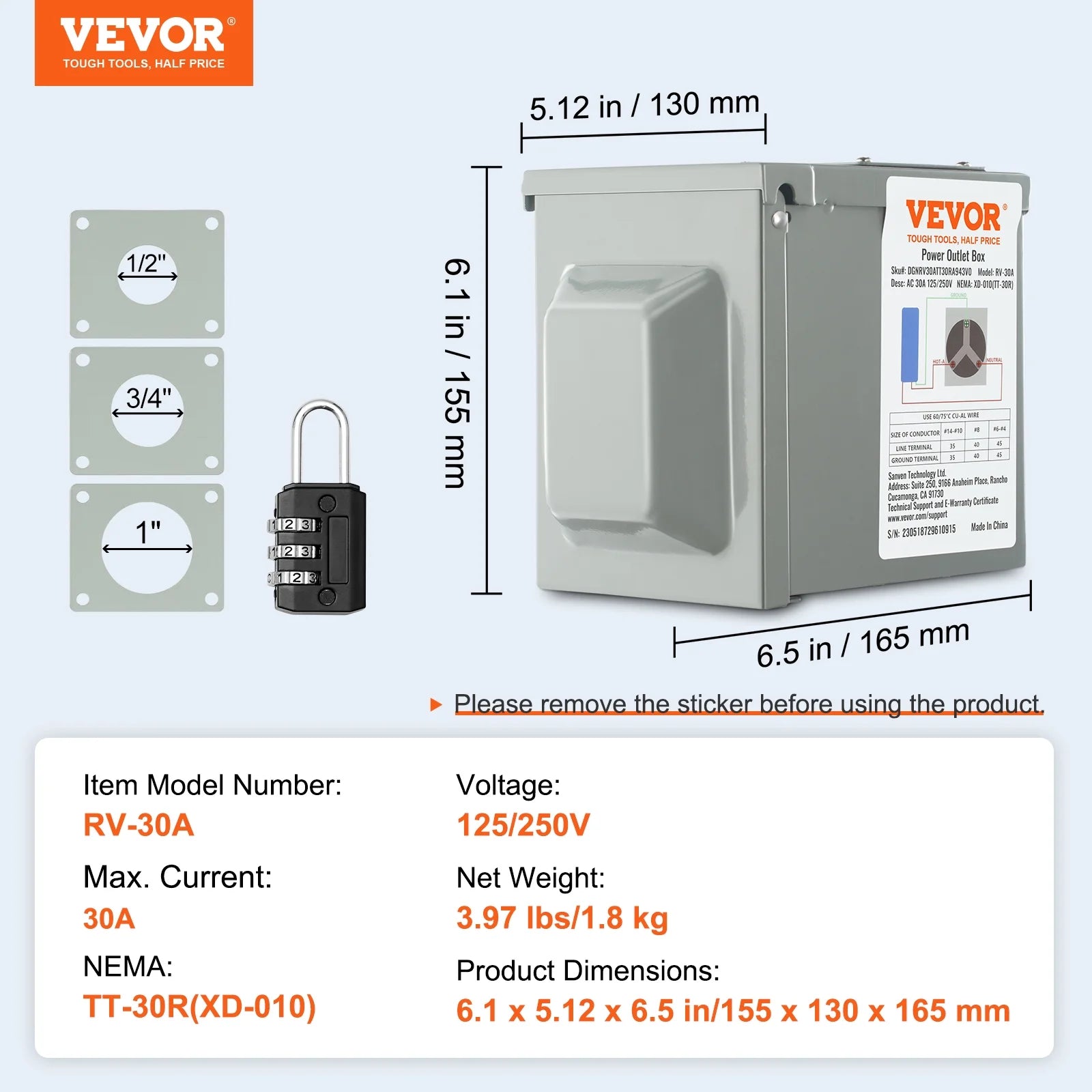 30Amp RV Power Outlet Box, 25/250V Enclosed Lockable Weatherproof Electrical Outdoor Receptacle Panel R54143