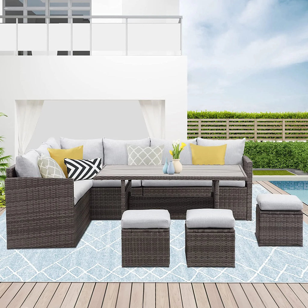 7 Piece Outdoor Dining Sectional Sofa with Dining Table and Chair W753
