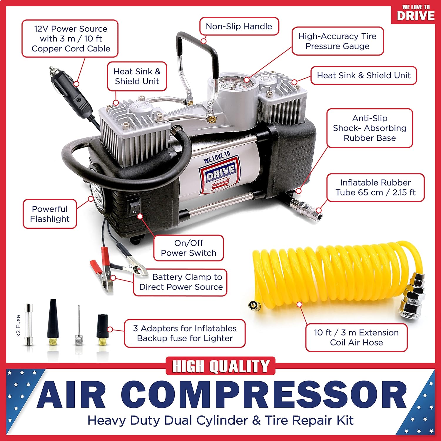 12V DC Portable Air Compressor Tire Inflator with 150 PSI Gauge & Carry Case M9039