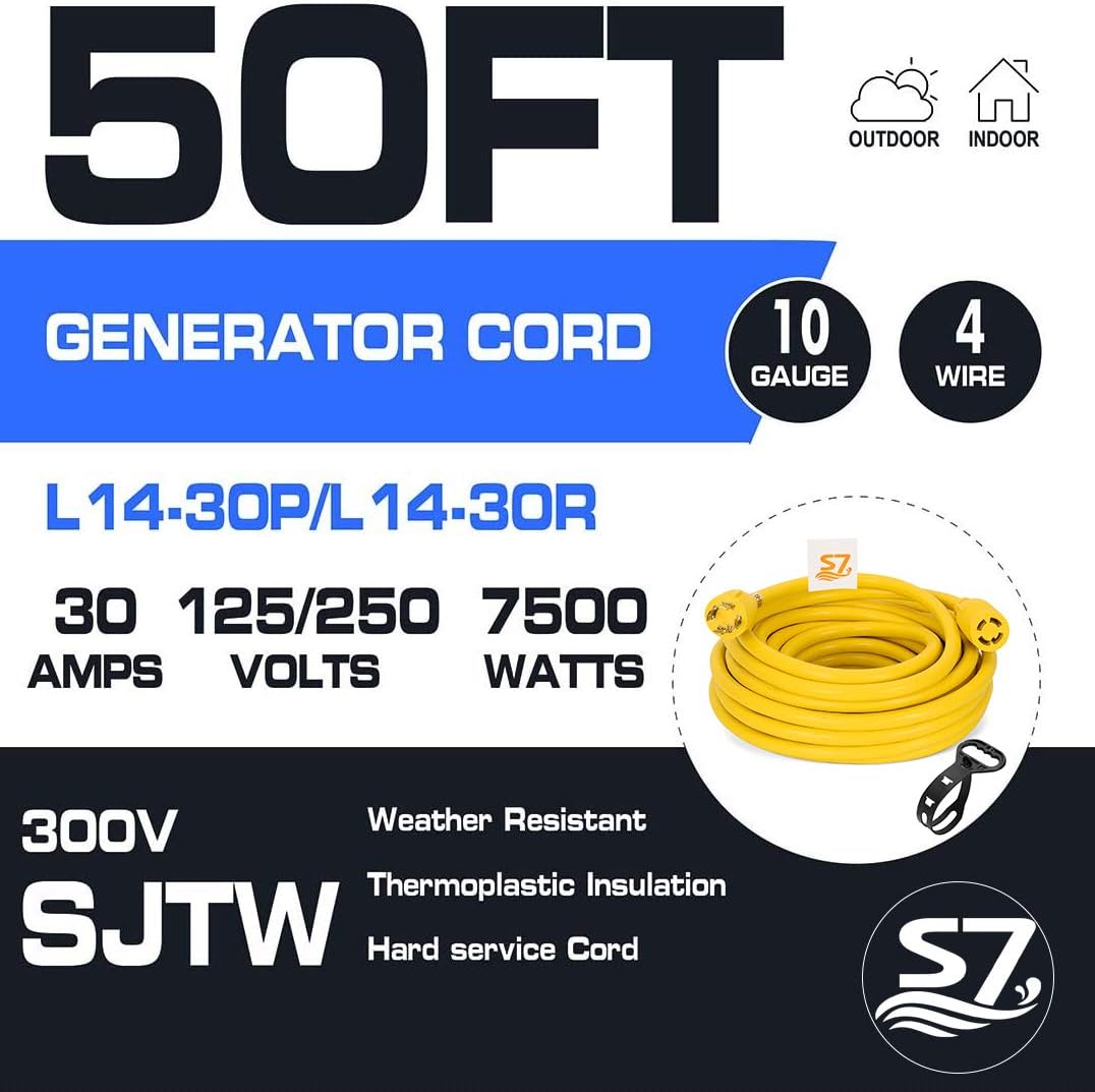 50ft Heavy Duty Generator Locking Power Cord NEMA L14-30P/L14-30R, 4 Jaw 10 Gauge SJTW Cable, 125/250V 30Amp 7500 Watt Yellow L7152