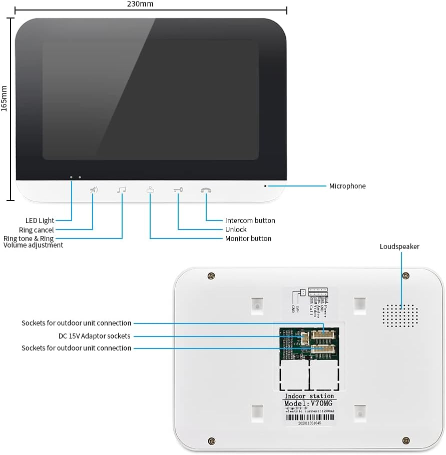 7 Inch Wired Video Intercom System with IR-Cut Rainproof Outdoor Camera (1 Camera & 2 Monitors) K345