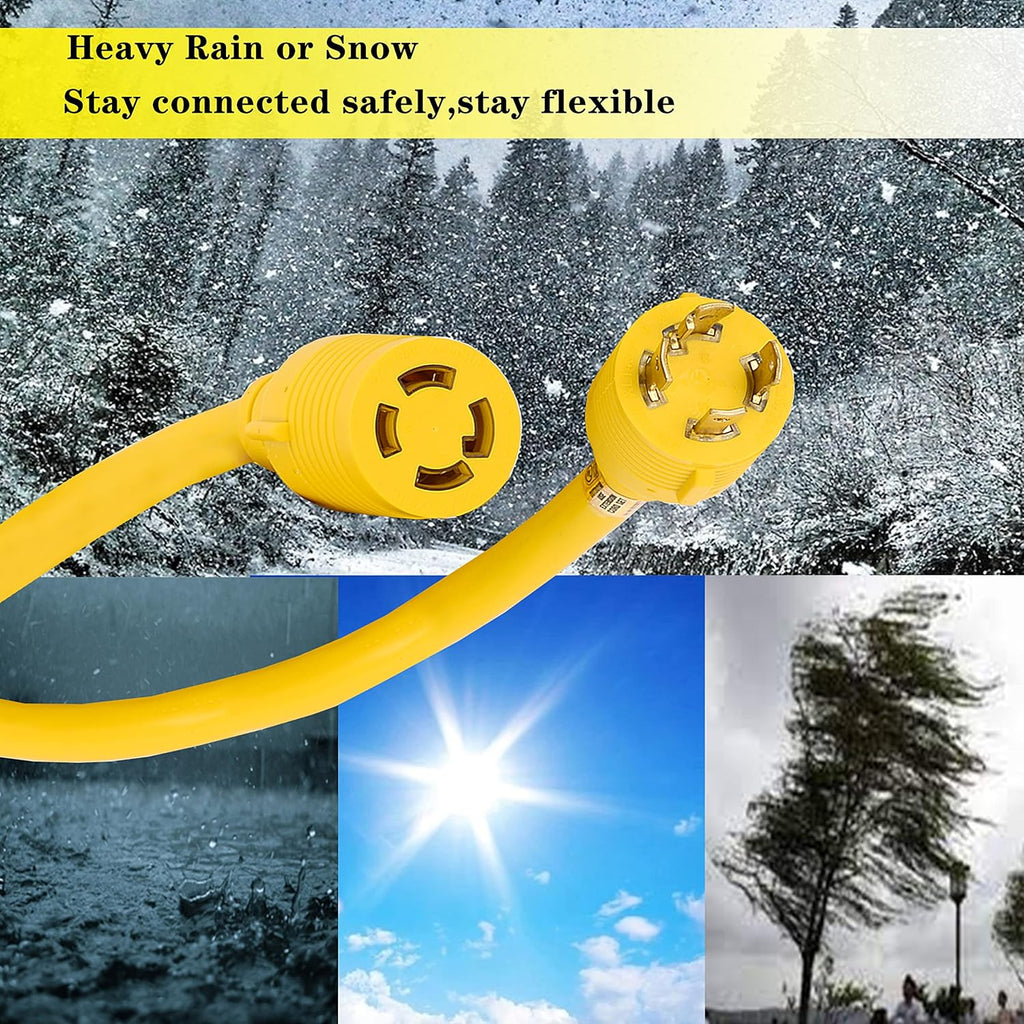 50ft Heavy Duty Generator Locking Power Cord NEMA L14-30P/L14-30R, 4 Jaw 10 Gauge SJTW Cable, 125/250V 30Amp 7500 Watt Yellow L7152
