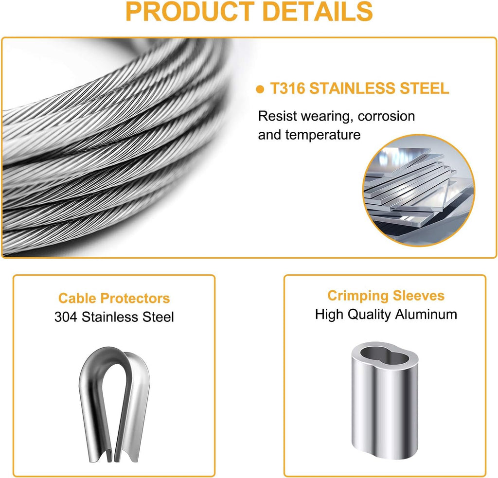 1/8 inch T316 Stainless Steel Cable Railing Kit with Crimp Sleeves and Thimble A94596