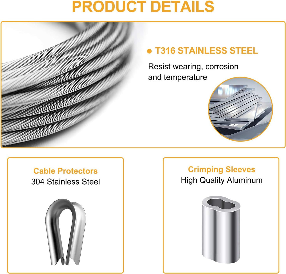 1/8 inch T316 Stainless Steel Cable Railing Kit with Crimp Sleeves and Thimble A94596