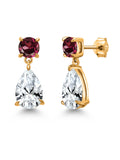 18K Yellow Gold Plated Silver White Created Sapphire and Red Rhodolite Garnet Teardrop Dangle Drop Earrings B527154