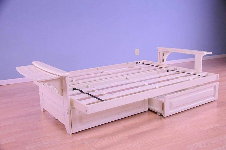 Antique White Full Futon with Suede Mattress and Storage Drawers D8406