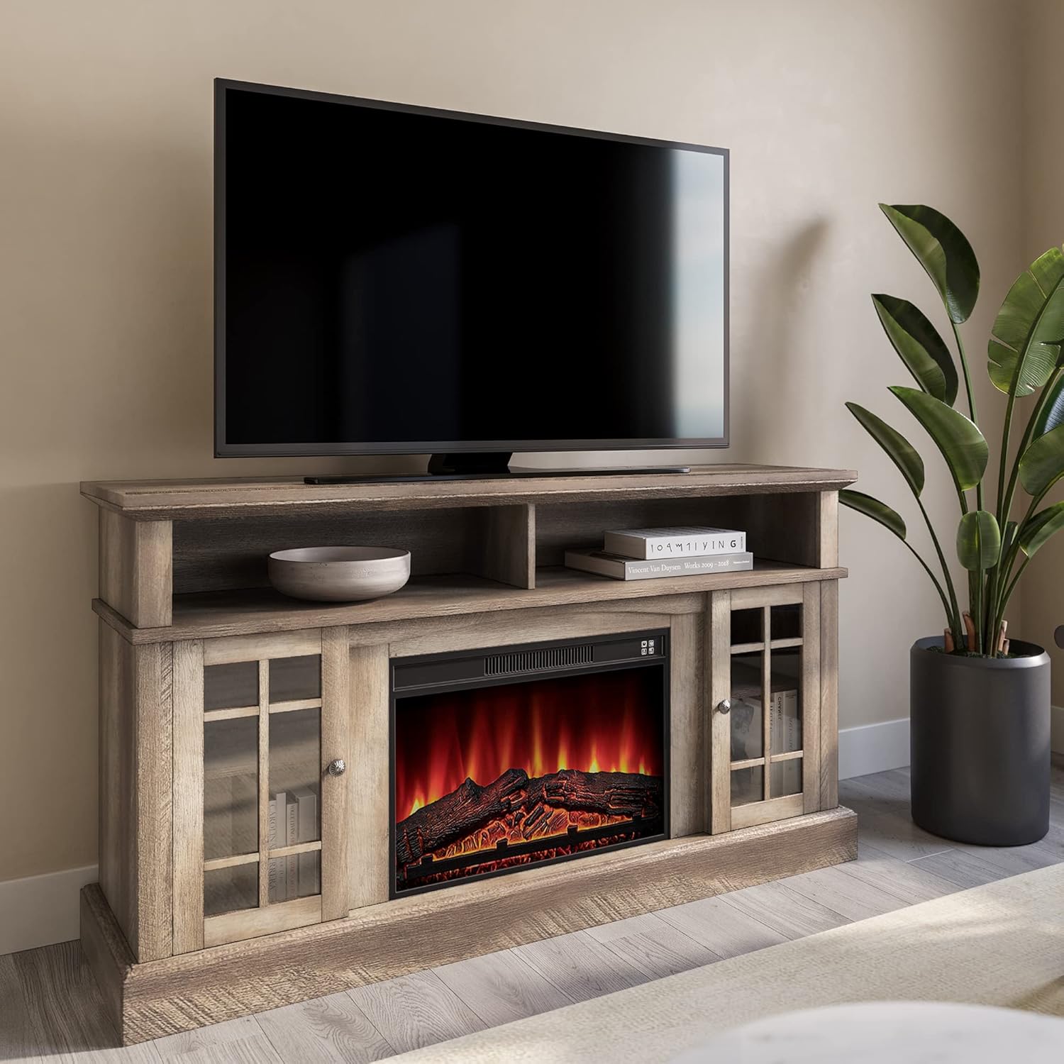 Traditional Rustic Electric Fireplace TV Stand with Open Storage Shelves & Cabinets (Light Gray) P3633