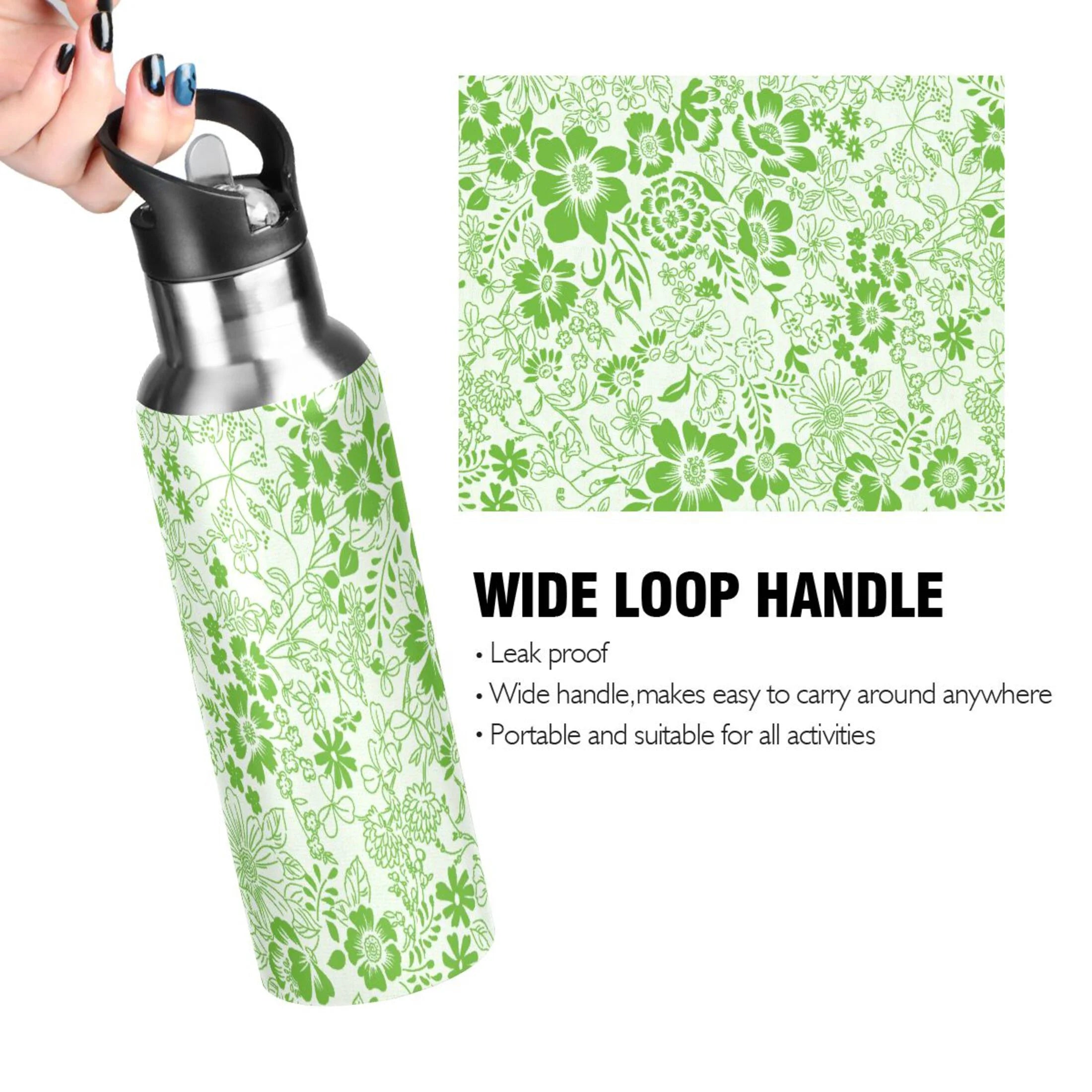 Green Stainless Steel Insulated Water Bottle with Straw Lid T3671