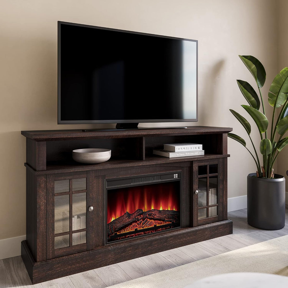 Traditional Rustic Electric Fireplace TV Stand with Open Storage Shelves & Cabinets (Light Gray) P3633