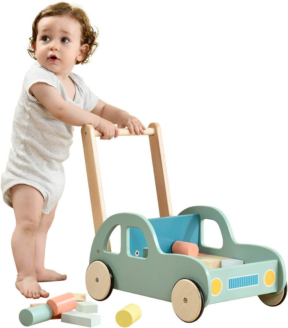 Green Wooden Baby Walker with Wheel, Blocks Trolley, Push & Pull Toys, Pack of 2 J49942