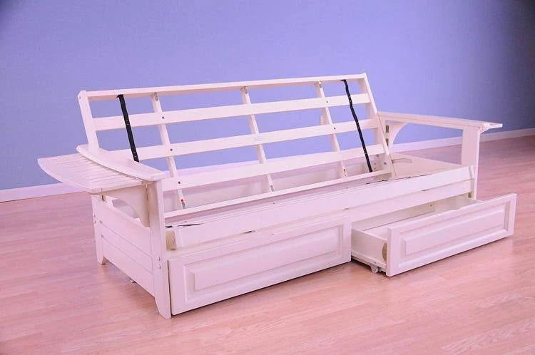 Antique White Full Futon with Suede Mattress and Storage Drawers D8406