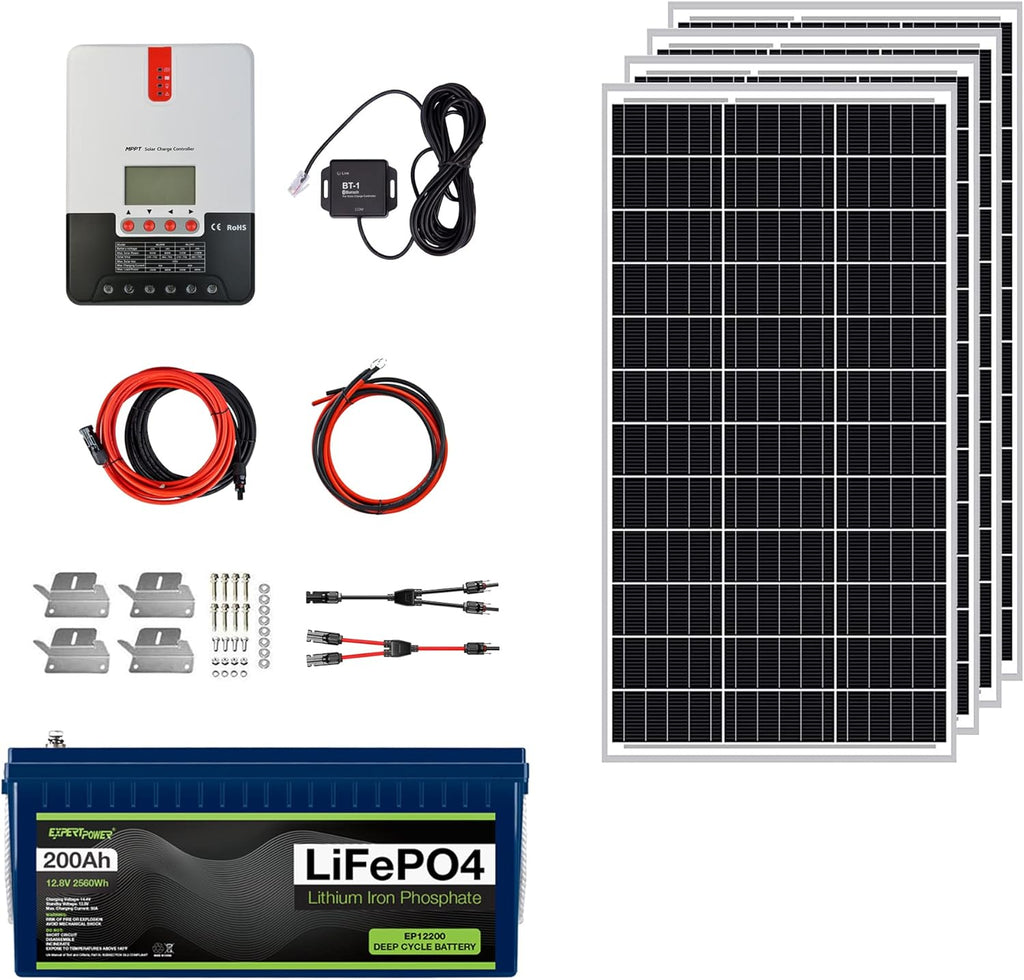 2.5KWH 12V Solar Power Kit with LiFePO4 100Ah, 400W Mono Solar Panels, 30A MPPT Charge Controller, 2KW Pure Sine Wave Inverter Charger E6975
