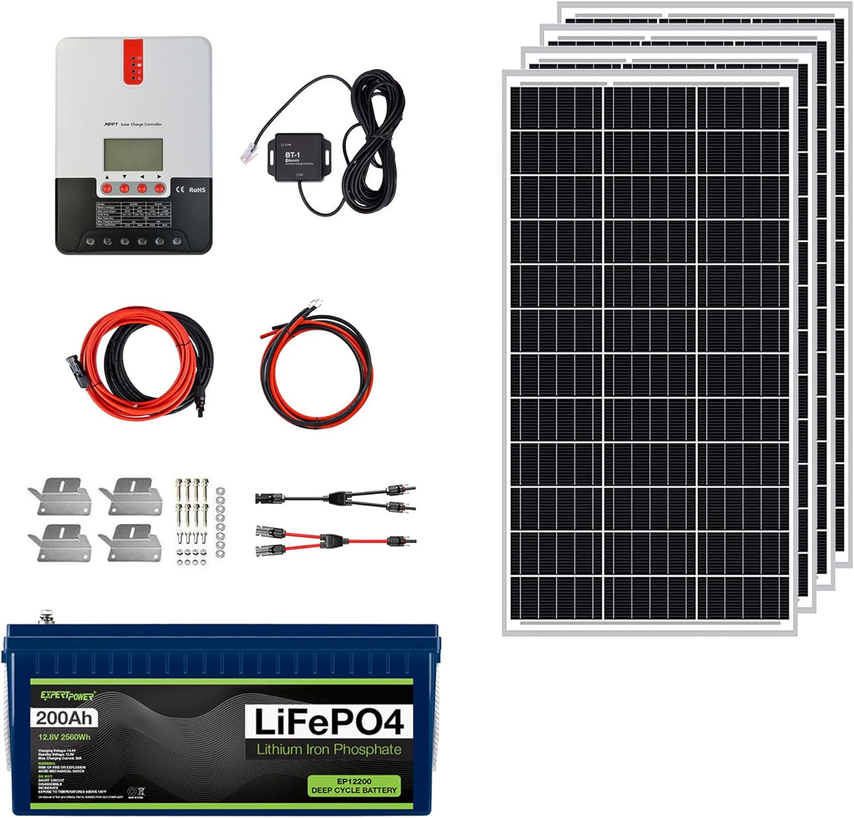2.5KWH 12V Solar Power Kit with LiFePO4 100Ah, 400W Mono Solar Panels, 30A MPPT Charge Controller, 2KW Pure Sine Wave Inverter Charger E6975