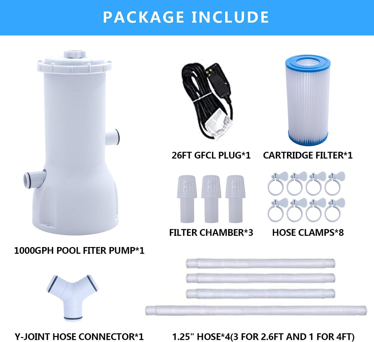 1000 GPH Above Ground Pool Filter Pump with 1 Filter Cartridge, 110-120V with GFCI, Pack of 2 J602