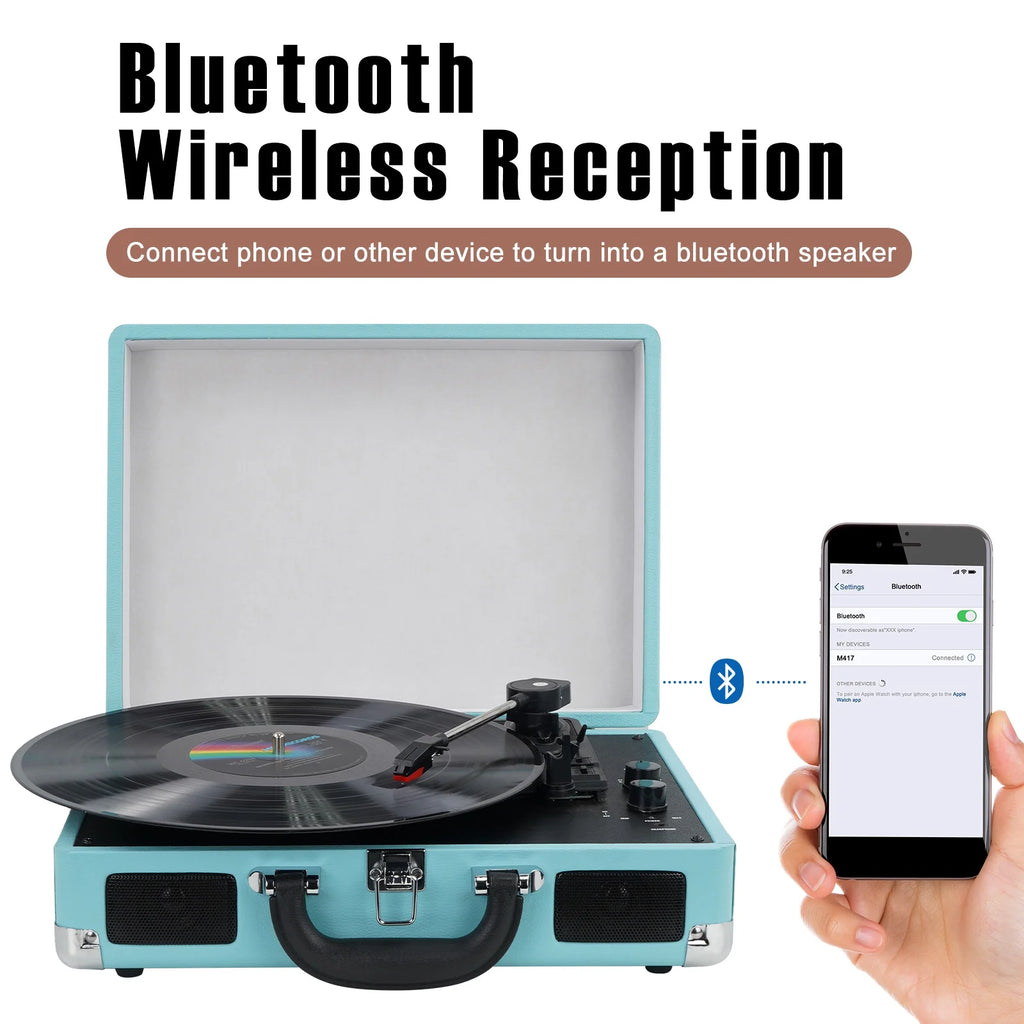 Bluetooth Record Player Turntable with Built-in Stereo Speakers, Suitcase Design - Blue Q4655