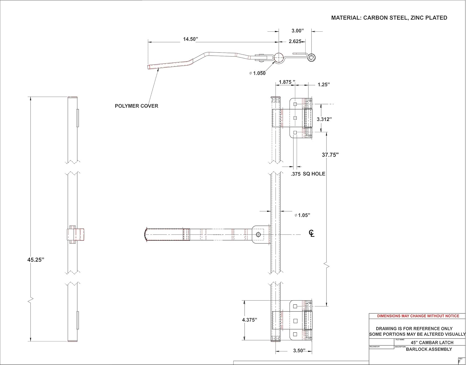 45" Zinc Cargo Trailer Door CamBar Latch Tamper Proof Hinge & Mounting Hardware L67091