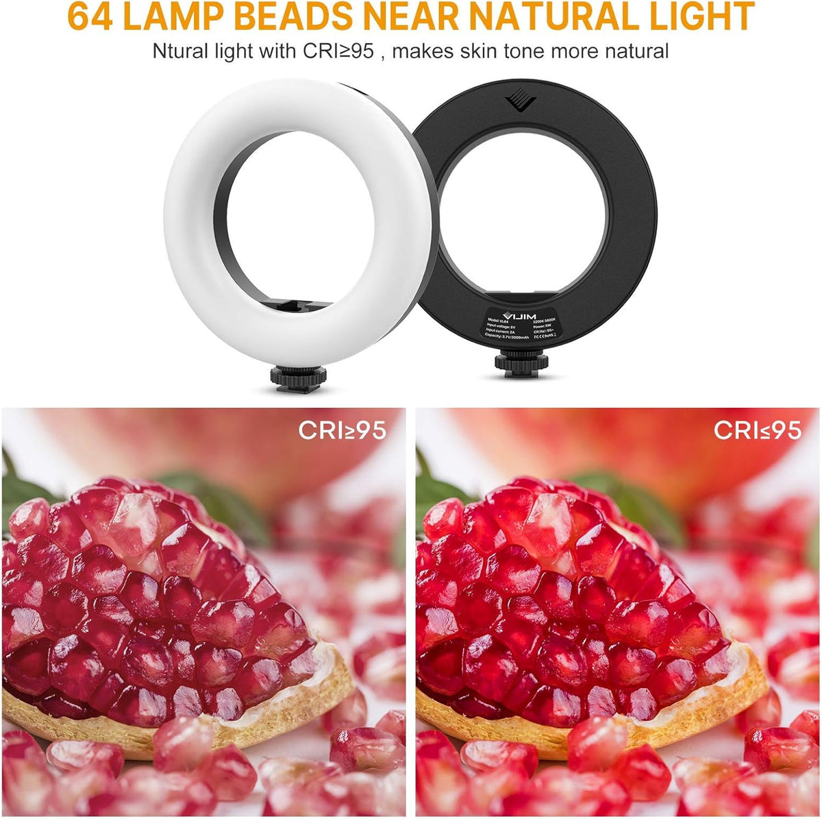 LED Video Light, 6.4 On Camera Ring Light Bi-Color Dimmable 3200-5600K, Built-in 2000mAh Battery CRI 95+ Fill DSLR Light with Mini Tripod U10466