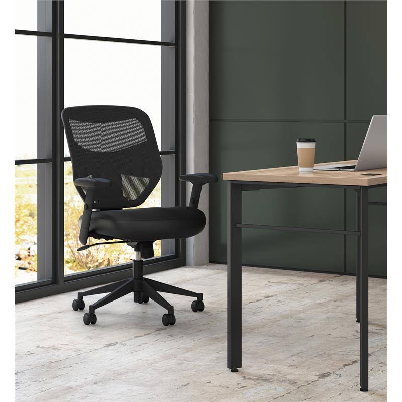 Leather High-Back Mesh Work Chair with Adjustable Arms in Black F8882