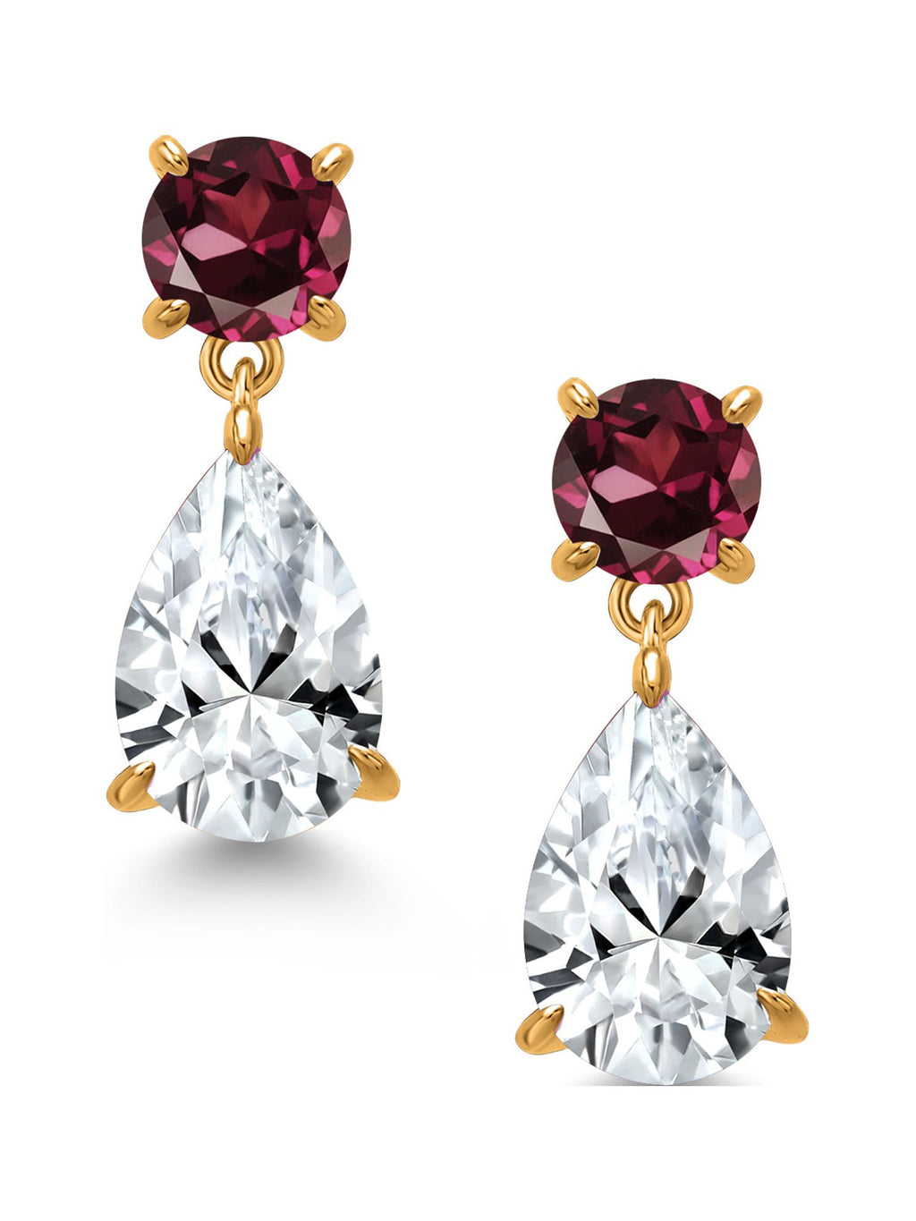18K Yellow Gold Plated Silver White Created Sapphire and Red Rhodolite Garnet Teardrop Dangle Drop Earrings B527154