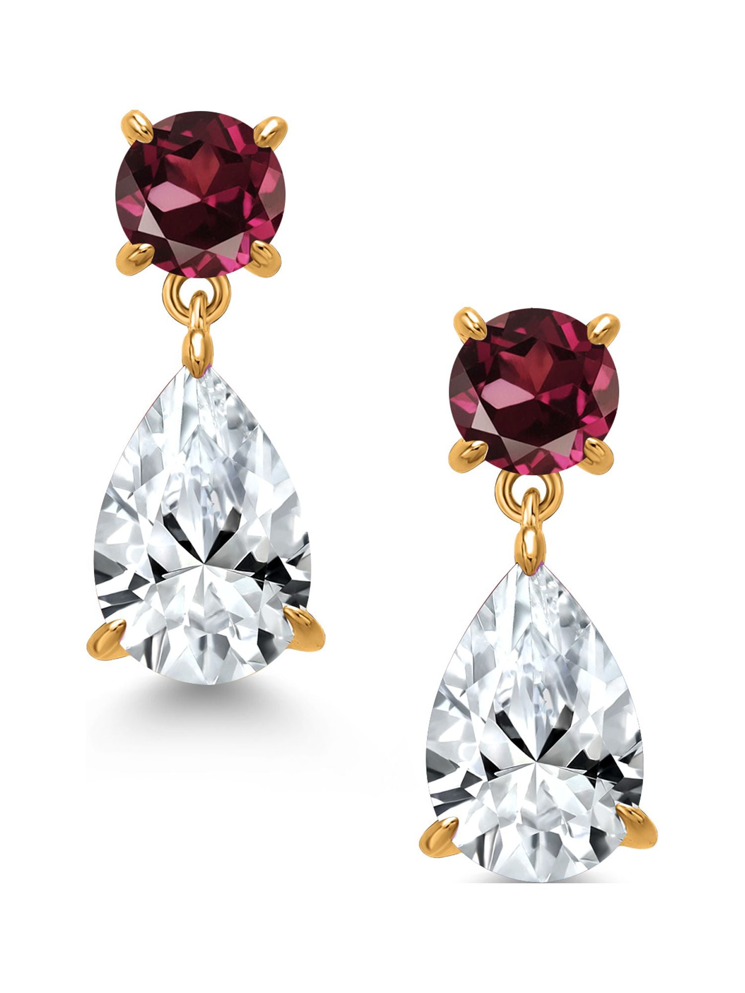 18K Yellow Gold Plated Silver White Created Sapphire and Red Rhodolite Garnet Teardrop Dangle Drop Earrings B527154