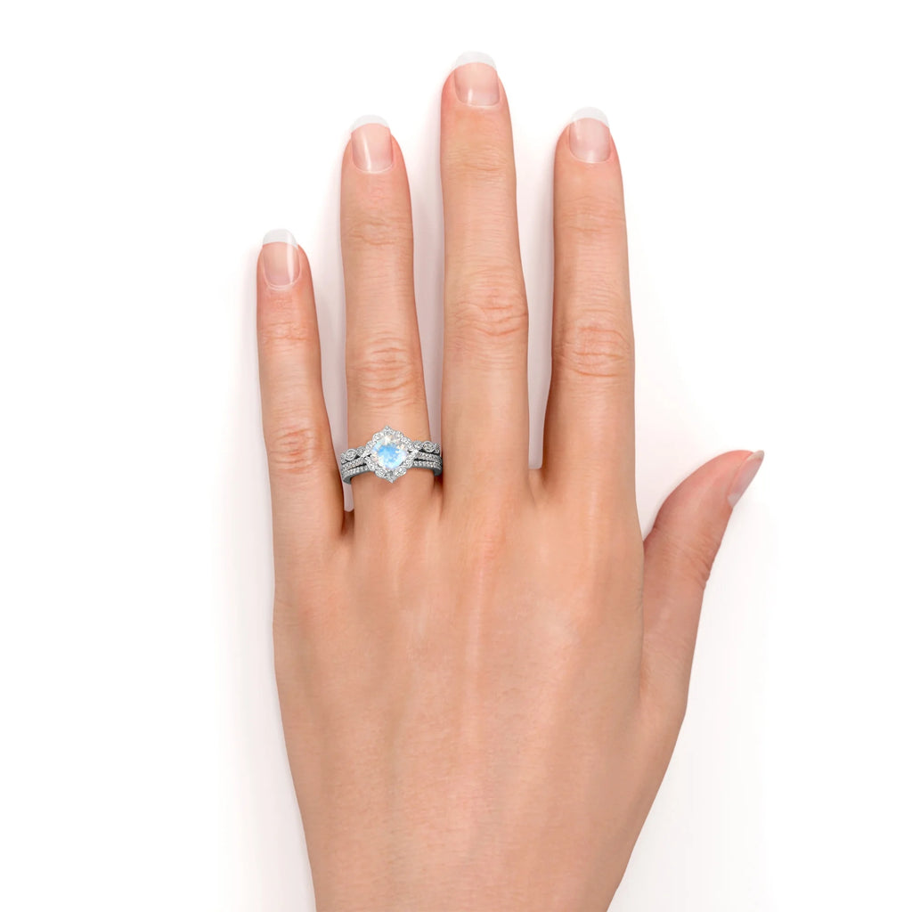 1.5 carat Cushion Blue Moonstone and Moissanite Wedding Ring Set in 18k White Gold over Silver E7808