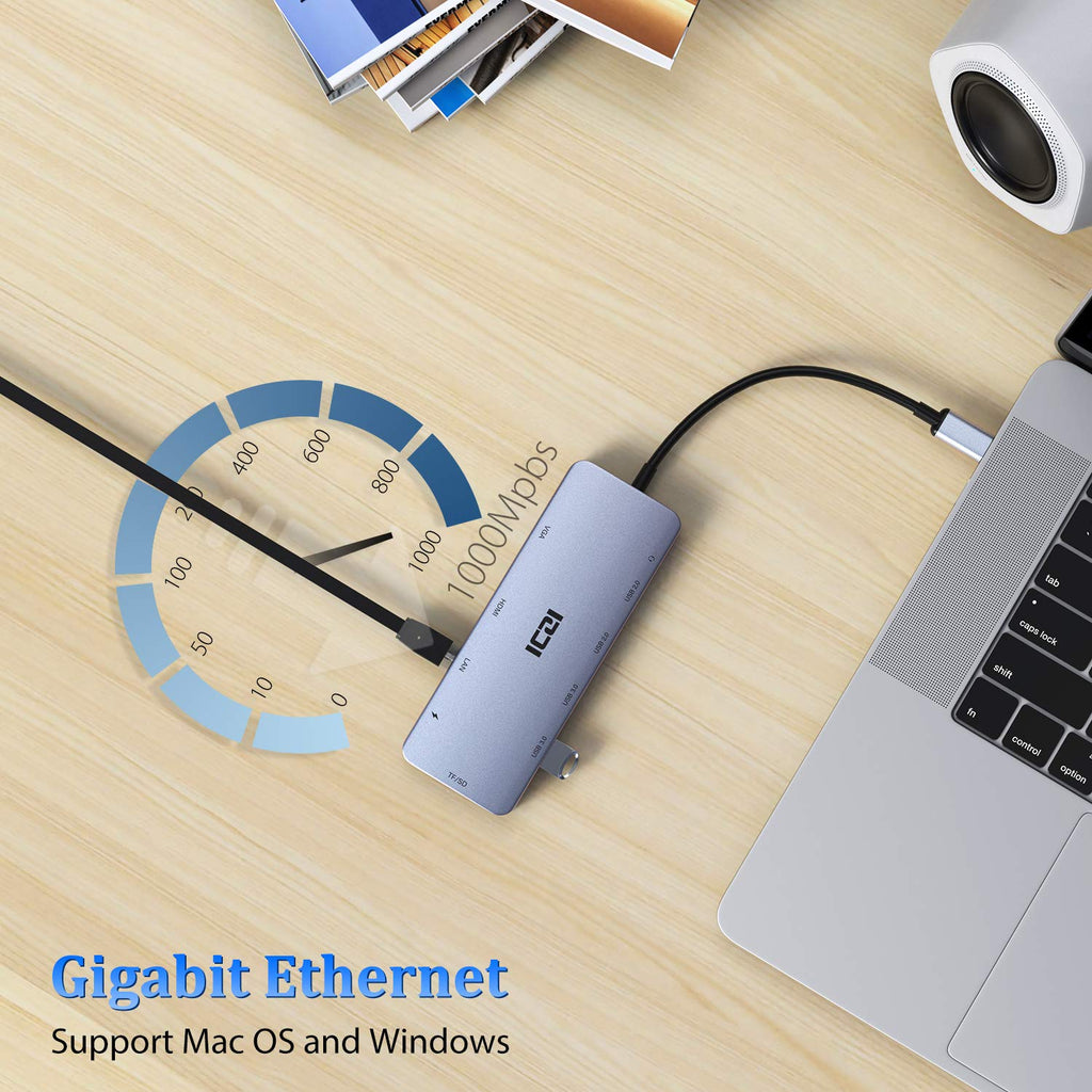 USB C Hub 11 in 1 Adapter with Ethernet, 4K USB C to HDMI, VGA, USB 3.0, USB 2.0, SD/TF Card Reader, USB C Pd 3.0 A6105