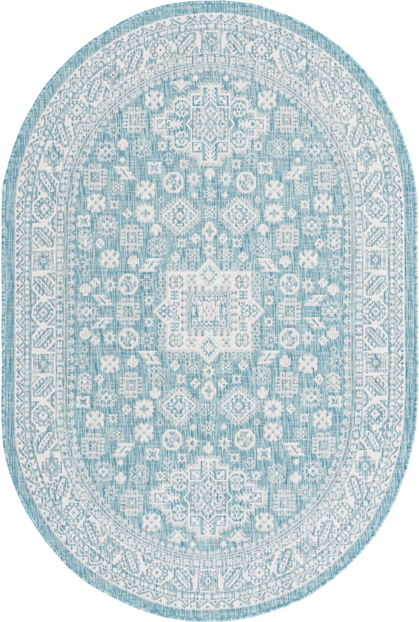 Aqua/Ivory Oval Indoor/Outdoor Aztec Rug U24136