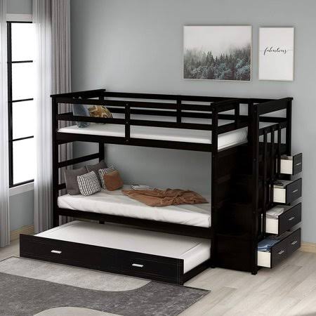 Wood Twin Over Twin Bunk Bed with 4 Storage Drawers, Trundle D526910