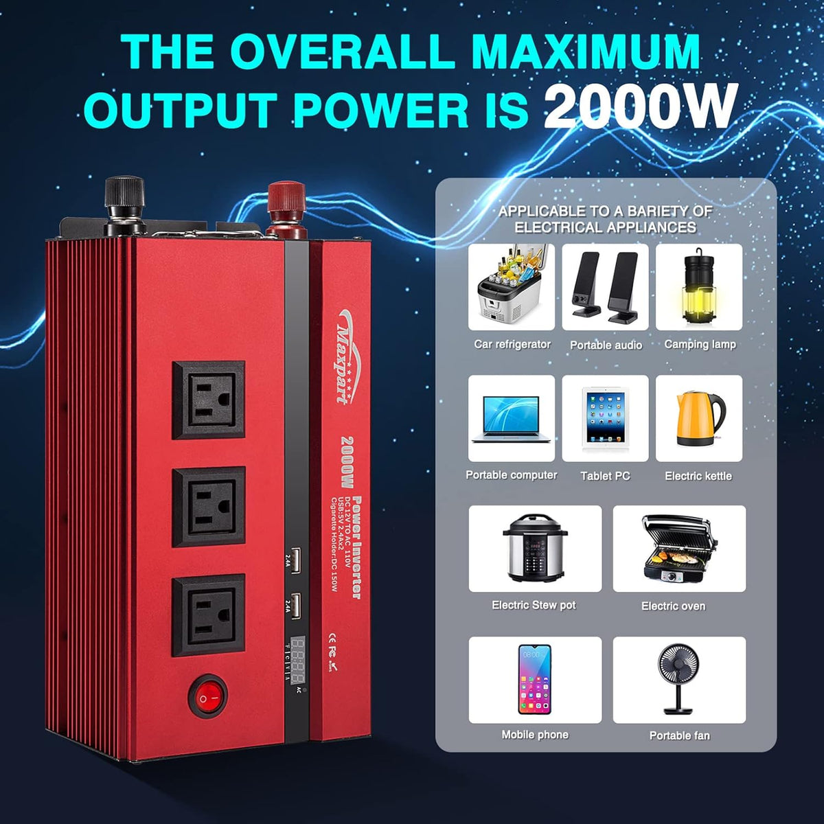 2000W Power Inverter 12v DC to 110v AC Converter with 3 AC Outlets Z837003