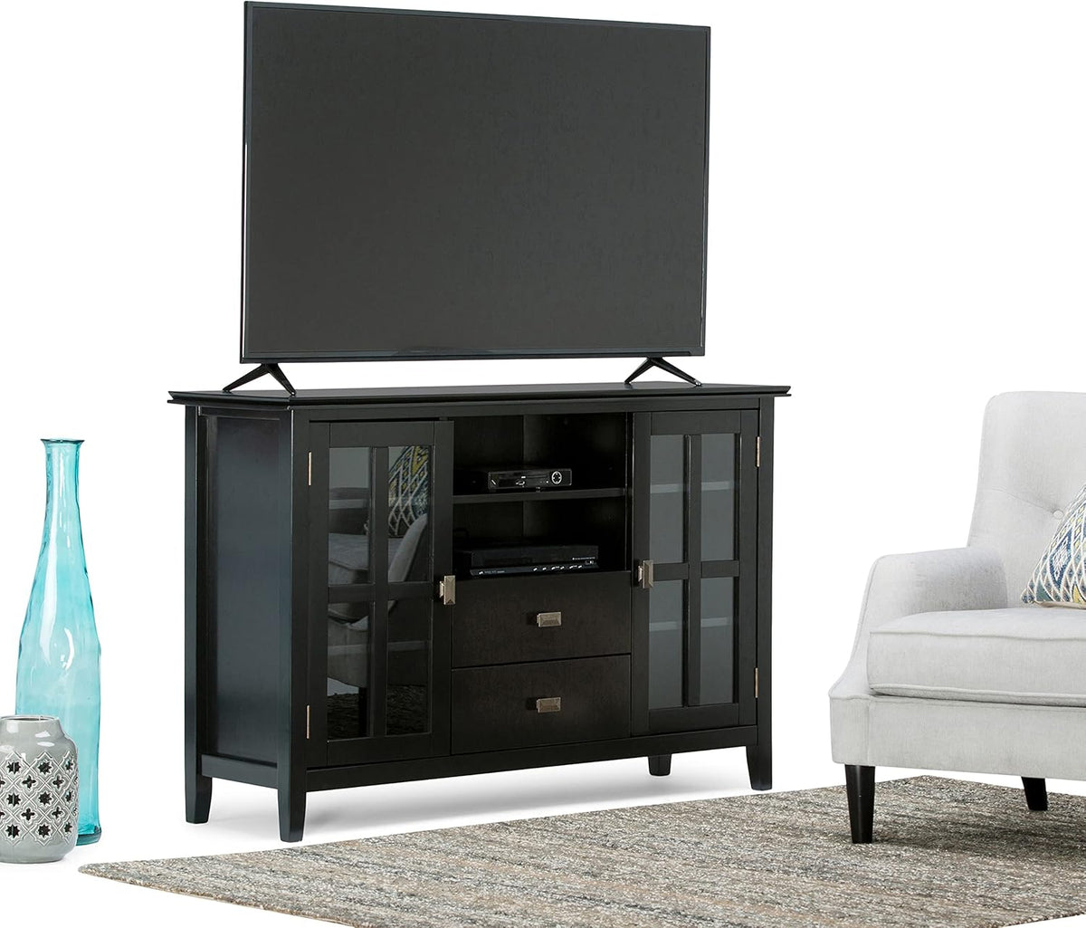 53 inch Solid Wood TV Media Stand with Storage Shelves and Glass Doors H5098