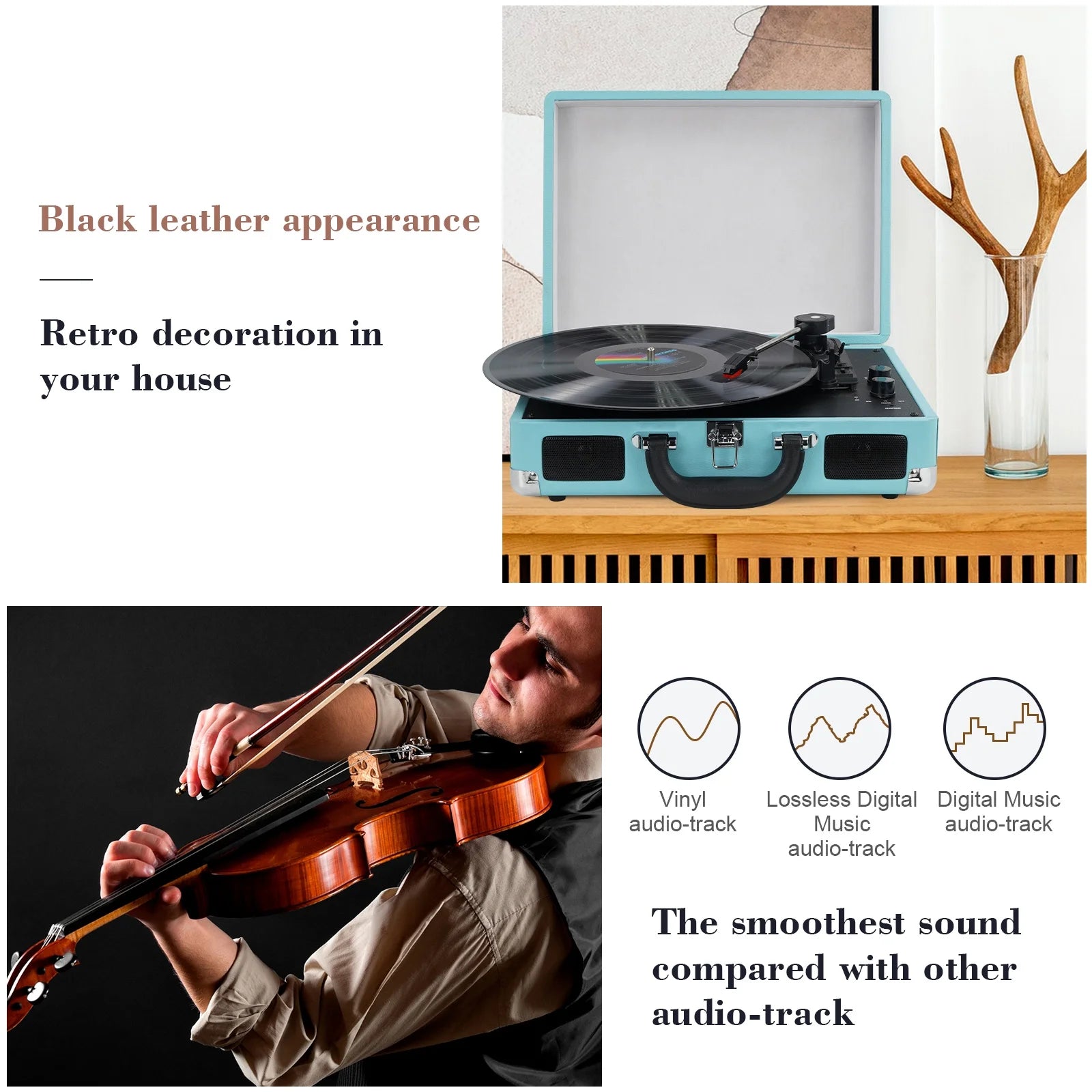 Bluetooth Record Player Turntable with Built-in Stereo Speakers, Suitcase Design - Blue Q4655